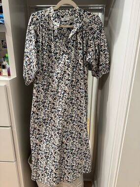 CLOSED Leaf-Print Midi Dress in Navy, Cream & Dusty Blue